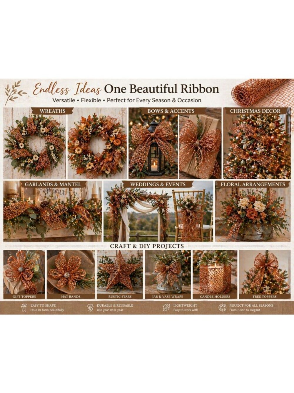 Copper Mesh Ribbon Roll Wedding Decor Holiday Crafts Wreath Accents - Picture 4 of 16
